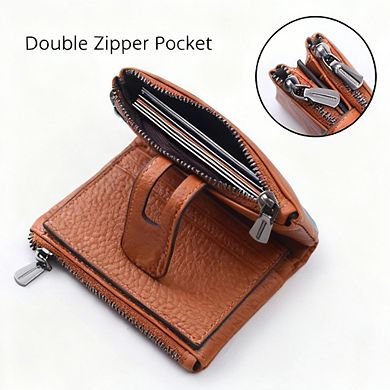KSIZUIS Small Soft Genuine Leather RFID Blocking Wallet Double Zipper Pocket Card Holder