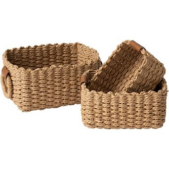 KSIZUIS Small Storage Basket Set of 3-Recycled Paper Rope Bins for Shelves&Drawers,Natural