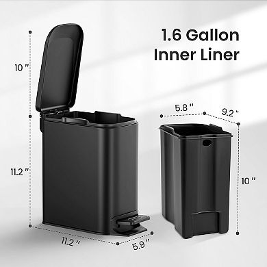 KSIZUIS Matt Black 1.6 Gallon Soft Close Step Trash Can with Lid & Removable Inner Bucket
