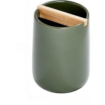 KSIZUIS Ceramic Toothbrush Holder with Paulownia Wood Divider-Moss/Natural, Earth Collection