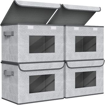 Great Ambitions 4-Pack Foldable Storage Boxes with Lids, Collapsible & Stackable, Gray