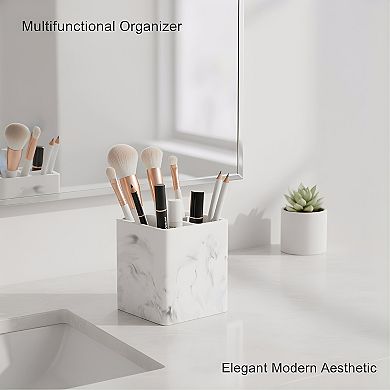 KSIZUIS Marble White Diatomite 3-Slot Toothbrush & Toothpaste Holder for Countertop & Vanity