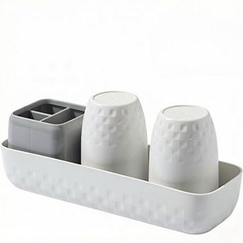KSIZUIS White 3-Slot Toothbrush Holder Set with Cup-Family Bathroom Countertop Organizer
