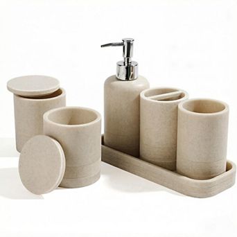 KSIZUIS Beige 6 pc Bathroom Accessories Set - Soap Dispenser, Toothbrush Holder, Tray & Jars