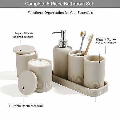 KSIZUIS Beige 6-Piece Bathroom Accessories Set - Soap Dispenser, Toothbrush Holder, Tray & Jars