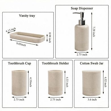 KSIZUIS Beige 6-Piece Bathroom Accessories Set - Soap Dispenser, Toothbrush Holder, Tray & Jars