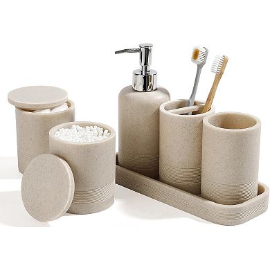 KSIZUIS Beige 6-Piece Bathroom Accessories Set - Soap Dispenser, Toothbrush Holder, Tray & Jars