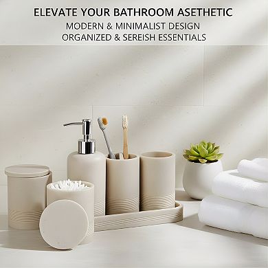 KSIZUIS Beige 6-Piece Bathroom Accessories Set - Soap Dispenser, Toothbrush Holder, Tray & Jars
