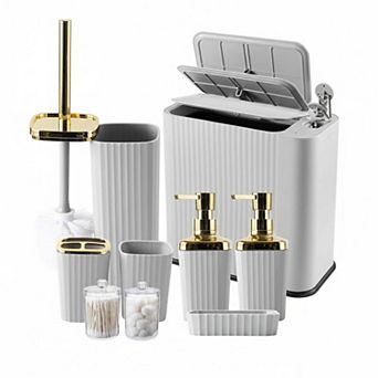 9 pc Bathroom Accessory Set with Press-Top Trash Can & Modern Organizers