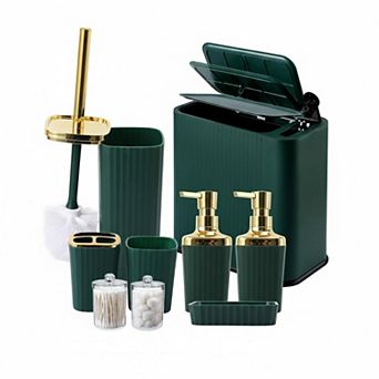 9 pc Bathroom Accessory Set with Press-Top Trash Can & Modern Organizers