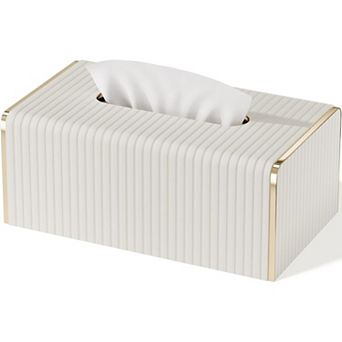 KSIZUIS White Leather Rectangle Tissue Box Cover with Gold Edging-Decorative Bathroom Organizer