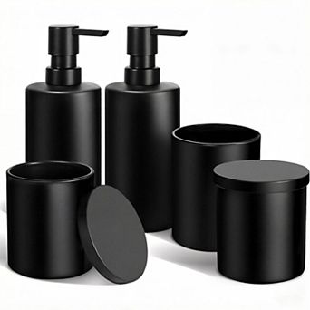 KSIZUIS Matte Black 5 pc Bathroom Accessories Set - Glass Dispenser, Toothbrush & Cotton Holder