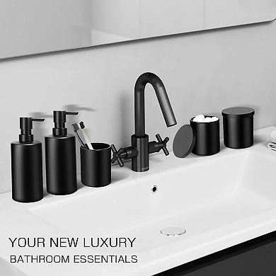 KSIZUIS Matte Black 5-Piece Bathroom Accessories Set - Glass Dispenser, Toothbrush & Cotton Holder