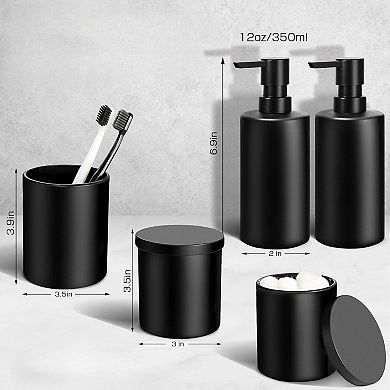 KSIZUIS Matte Black 5-Piece Bathroom Accessories Set - Glass Dispenser, Toothbrush & Cotton Holder