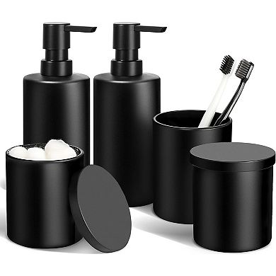 KSIZUIS Matte Black 5-Piece Bathroom Accessories Set - Glass Dispenser, Toothbrush & Cotton Holder
