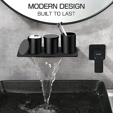 KSIZUIS Matte Black 5-Piece Bathroom Accessories Set - Glass Dispenser, Toothbrush & Cotton Holder