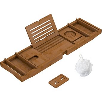 KSIZUIS Bamboo Expandable Bathtub Tray with Book Holder - Walnut Spa Bath Table for Reading & Laptop