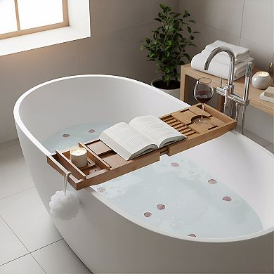 KSIZUIS Bamboo Expandable Bathtub Tray with Book Holder - Walnut Spa Bath Table for Reading & Laptop