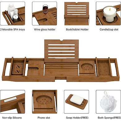 KSIZUIS Bamboo Expandable Bathtub Tray with Book Holder - Walnut Spa Bath Table for Reading & Laptop