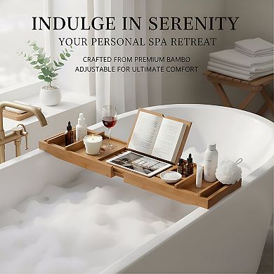 KSIZUIS Bamboo Expandable Bathtub Tray with Book Holder - Walnut Spa Bath Table for Reading & Laptop