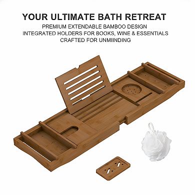KSIZUIS Bamboo Expandable Bathtub Tray with Book Holder - Walnut Spa Bath Table for Reading & Laptop