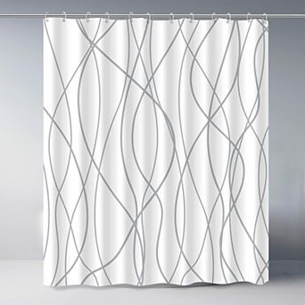 Grey and White Striped Polyester Shower Curtain for Bathroom with Hooks, Curtains 72 in Long