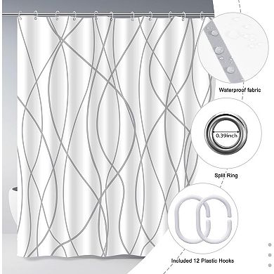 Grey and White Striped Polyester Shower Curtain for Bathroom with Hooks, Curtains 72 Inches Long