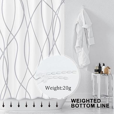 Grey and White Striped Polyester Shower Curtain for Bathroom with Hooks, Curtains 72 Inches Long