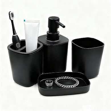 KSIZUIS Matte Black 4-Piece Bathroom Accessory Set-Toothbrush Holder,Cup,Soap Dispenser&Soap Dish