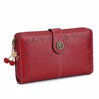 ZUQIETA Women's PU Leather Bifold Wallet Cherry Charm, Large Capacity Card Holder with Zip