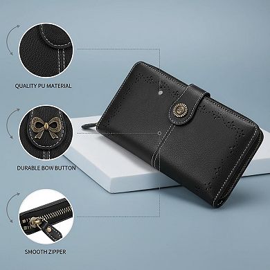 ZUQIETA Women's PU Leather Bifold Wallet Cherry Charm, Large Capacity Card Holder with Zip