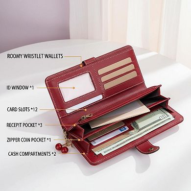ZUQIETA Women's PU Leather Bifold Wallet Cherry Charm, Large Capacity Card Holder with Zip