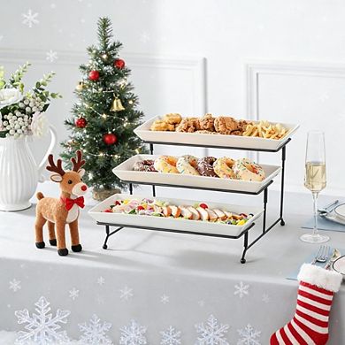 Great Ambitions 3 Tier Porcelain Cupcake Stand - 14 Inch Collapsible Serving Tray, White