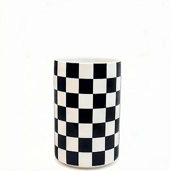 KSIZUIS Black & White Checkered Ceramic Toothbrush Holder for Bathroom Countertop Storage