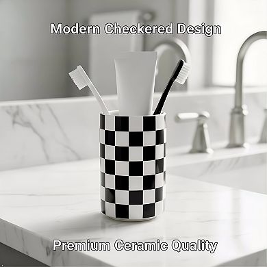 KSIZUIS Black & White Checkered Ceramic Toothbrush Holder for Bathroom Countertop Storage