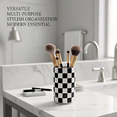 KSIZUIS Black & White Checkered Ceramic Toothbrush Holder for Bathroom Countertop Storage