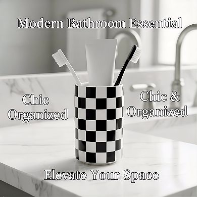 KSIZUIS Black & White Checkered Ceramic Toothbrush Holder for Bathroom Countertop Storage