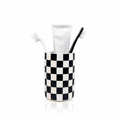 KSIZUIS Black & White Checkered Ceramic Toothbrush Holder for Bathroom Countertop Storage