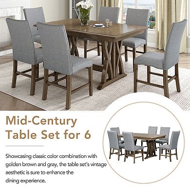 Pnronnc 7-Piece Dining Table Set, Extendable Kitchen Table Set with Upholstered Chairs