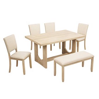 Pnronnc 6 pc Wooden Dining Set, U-Shaped Base Kitchen Table Set with Bench & 4 Upholstered Chairs