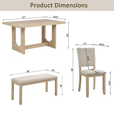 Pnronnc 6-Piece Wooden Dining Set, U-Shaped Base Kitchen Table Set with Bench & 4 Upholstered Chairs