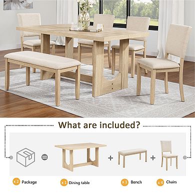 Pnronnc 6-Piece Wooden Dining Set, U-Shaped Base Kitchen Table Set with Bench & 4 Upholstered Chairs