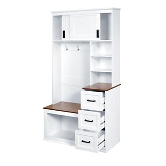 Pnronnc Hall Tree Entryway Storage Bench with Coat Hooks & 3 Drawers/Movable Cabinet Doors/Shelves