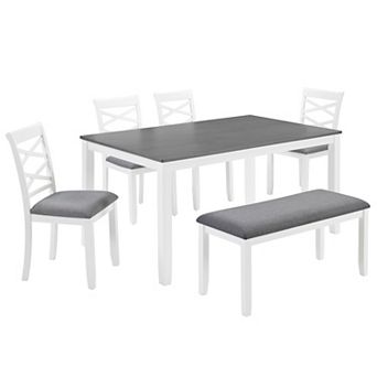 Pnronnc 6 pc Dining Set, Wooden Kitchen Table Set with Bench and 4 Chairs for 6
