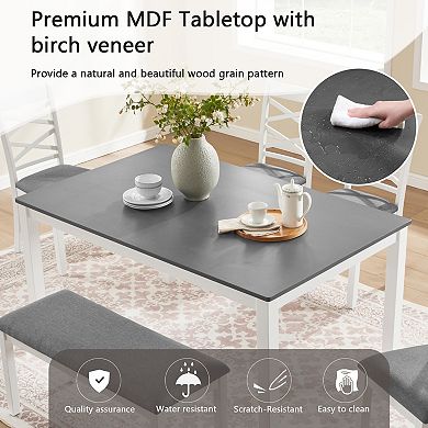 Pnronnc 6-Piece Dining Set, Wooden Kitchen Table Set with Bench and 4 Chairs for 6