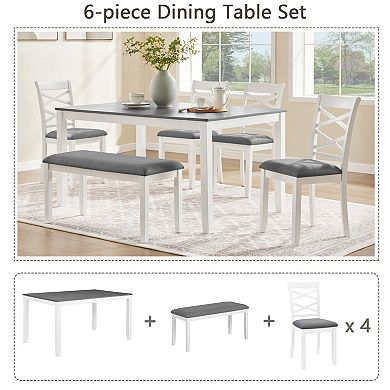 Pnronnc 6-Piece Dining Set, Wooden Kitchen Table Set with Bench and 4 Chairs for 6