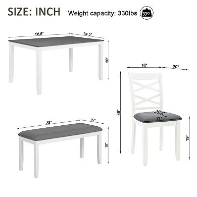 Pnronnc 6-Piece Dining Set, Wooden Kitchen Table Set with Bench and 4 Chairs for 6
