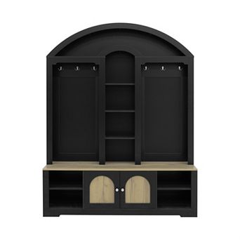 Pnronnc Curved Hall Tree Entryway Cabinet with Shoe Storage & Hooks Open Shelves USB LED Light Strip