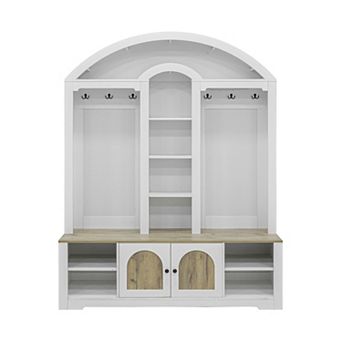 Pnronnc Curved Hall Tree Entryway Cabinet with Shoe Storage & Hooks Open Shelves USB LED Light Strip