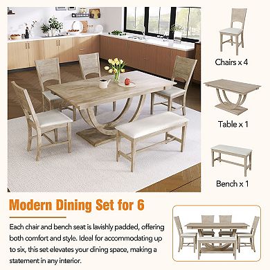 Pnronnc 6-Piece Dining Table Set, Half Round Base Kitchen Table with Bench and Upholstered Chairs